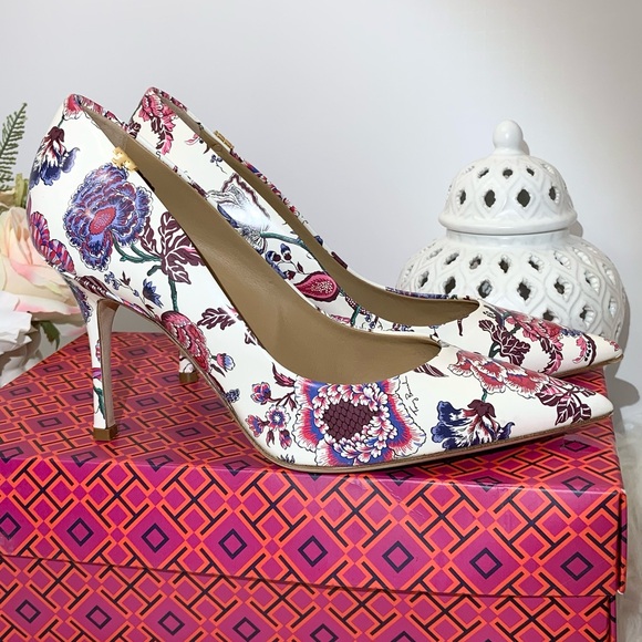 Tory Burch Penelope 85mm Leather Floral Pumps Size 8 EUC - Picture 1 of 13